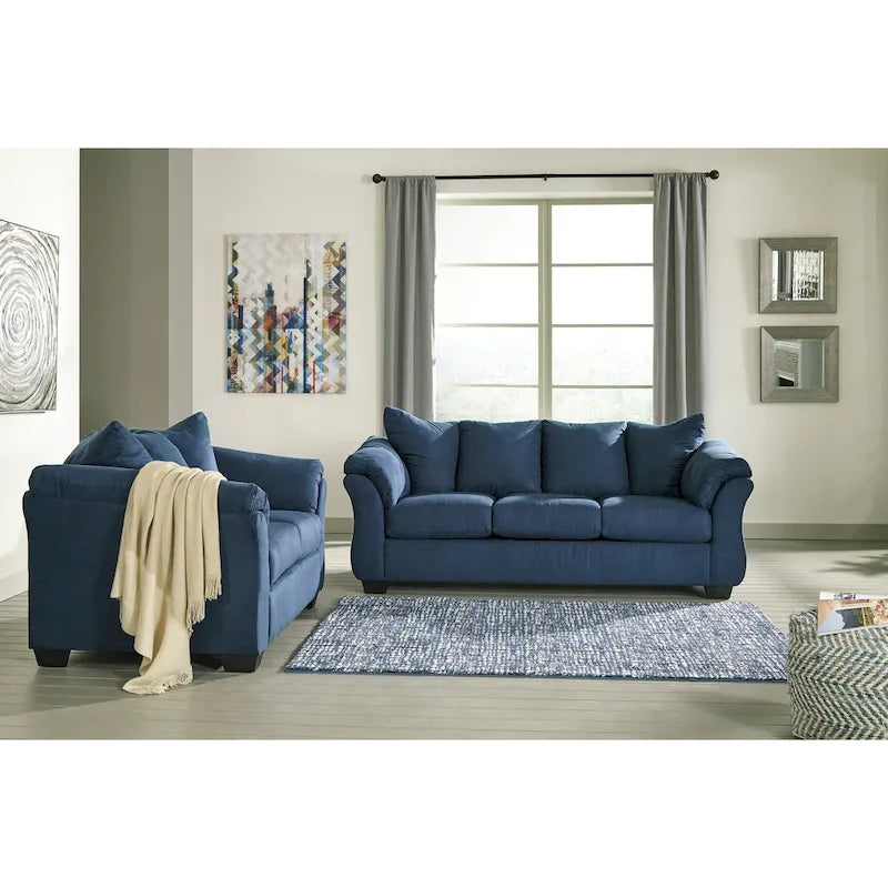 Aruca Navy Blue Microfiber Pillow Back Sofa and Loveseat Set-4