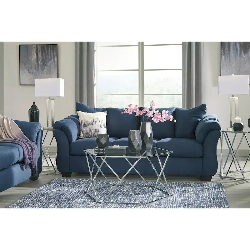 Aruca Navy Blue Microfiber Pillow Back Sofa and Loveseat Set-5