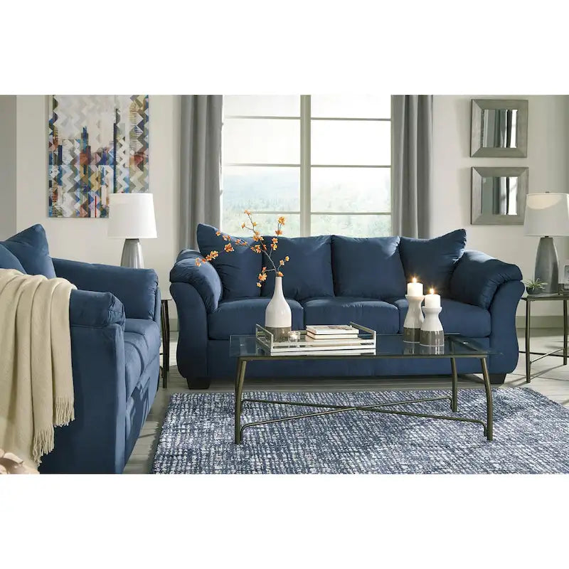Aruca Navy Blue Microfiber Pillow Back Sofa and Loveseat Set-6