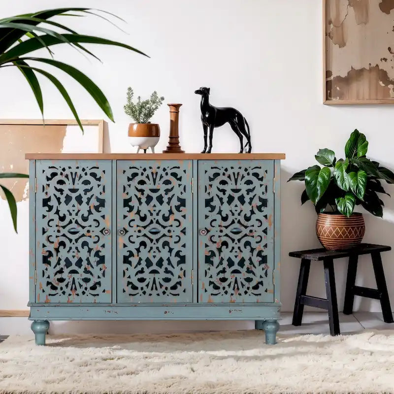 White/Blue Hollow-Carved 3-Door Storage Cabinet-27