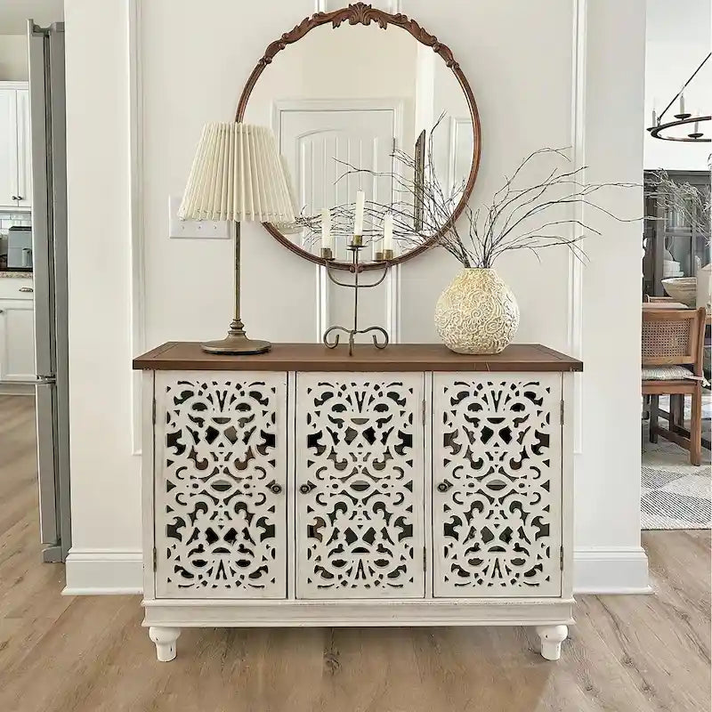 White/Blue Hollow-Carved 3-Door Storage Cabinet-28