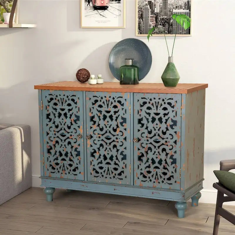 White/Blue Hollow-Carved 3-Door Storage Cabinet