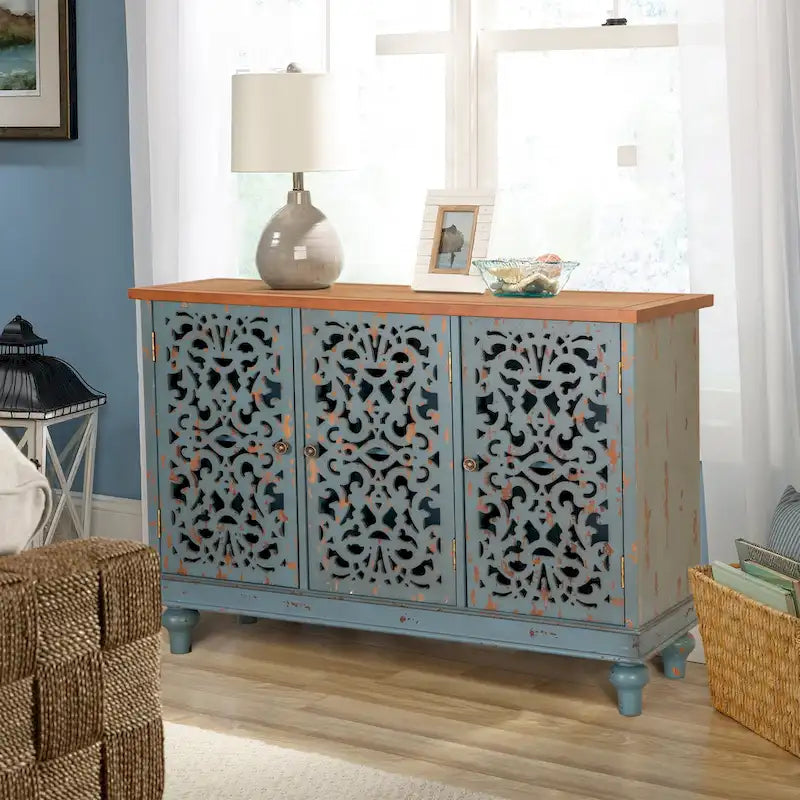White/Blue Hollow-Carved 3-Door Storage Cabinet-3