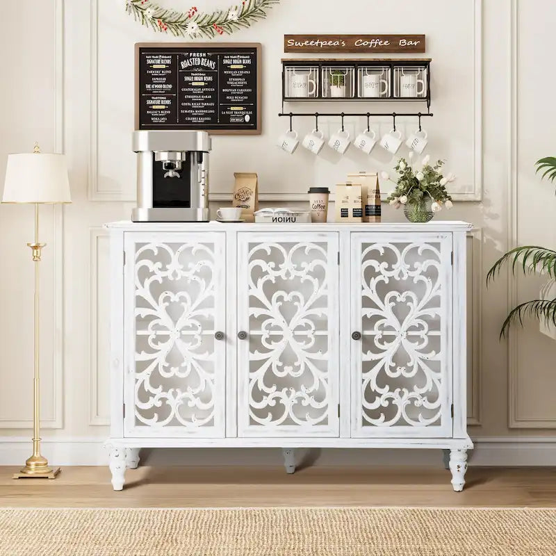 White/Blue Hollow-Carved 3-Door Storage Cabinet-4