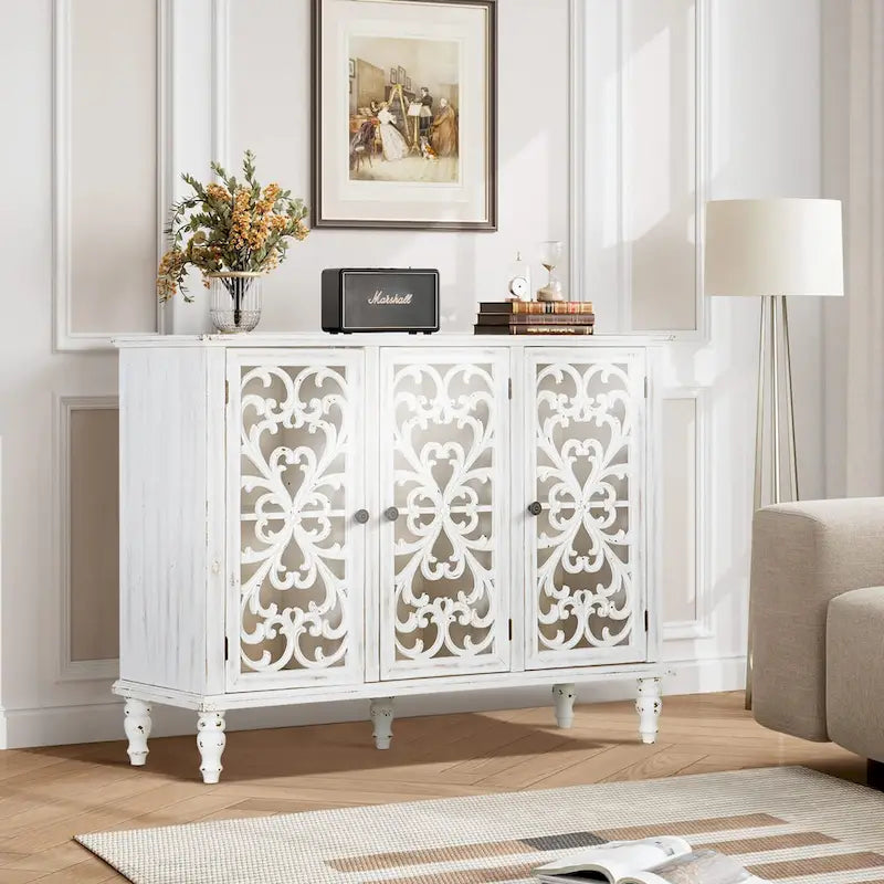 White/Blue Hollow-Carved 3-Door Storage Cabinet-5