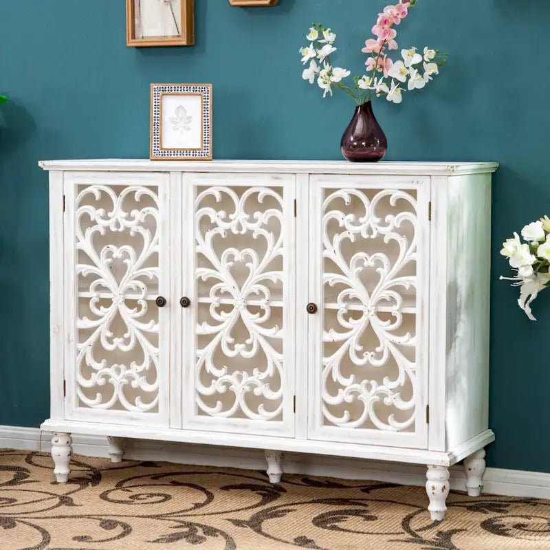 White/Blue Hollow-Carved 3-Door Storage Cabinet-6