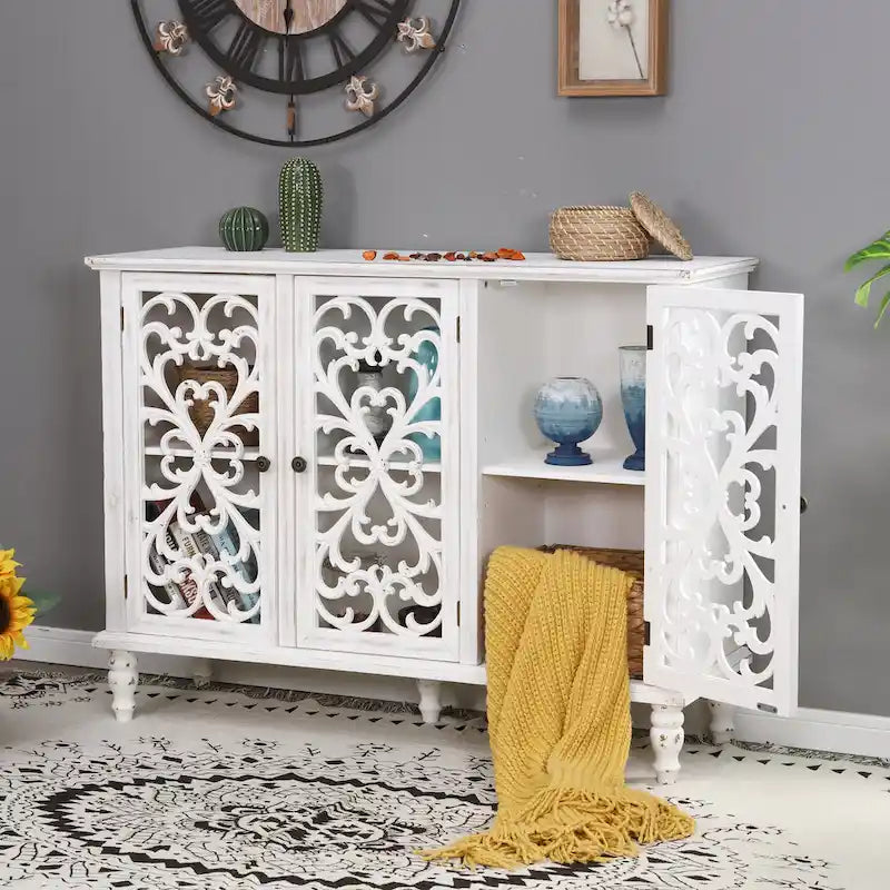 White/Blue Hollow-Carved 3-Door Storage Cabinet-7