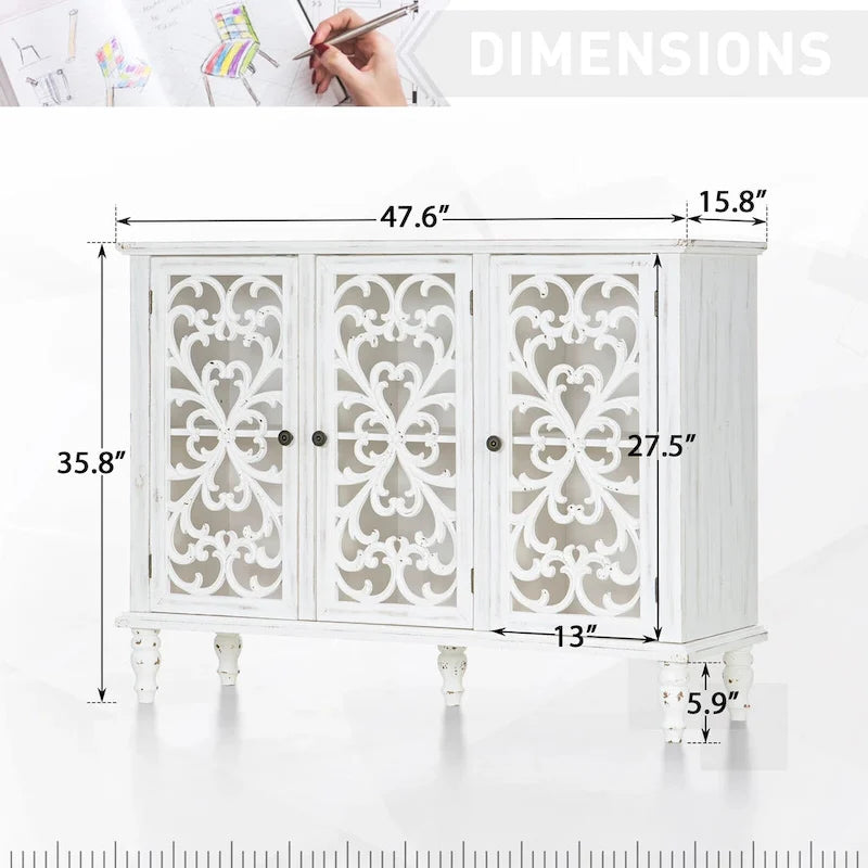 White/Blue Hollow-Carved 3-Door Storage Cabinet-8