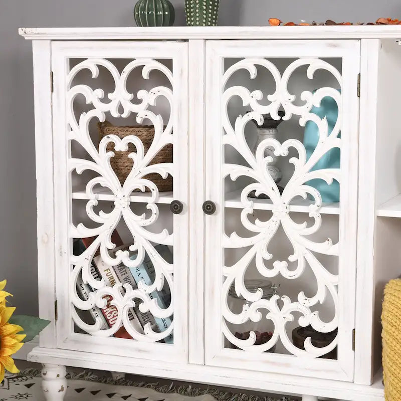 White/Blue Hollow-Carved 3-Door Storage Cabinet-9
