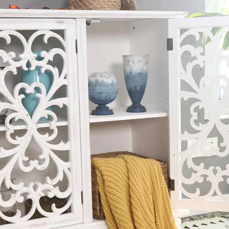 White/Blue Hollow-Carved 3-Door Storage Cabinet-10