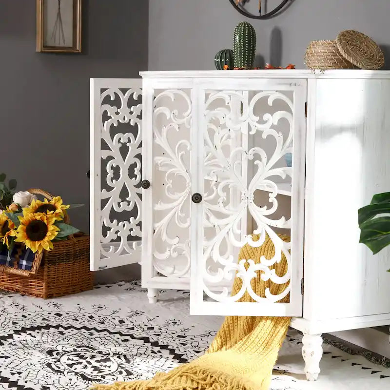 White/Blue Hollow-Carved 3-Door Storage Cabinet-11