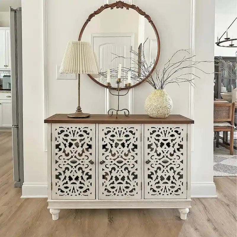 White/Blue Hollow-Carved 3-Door Storage Cabinet-12