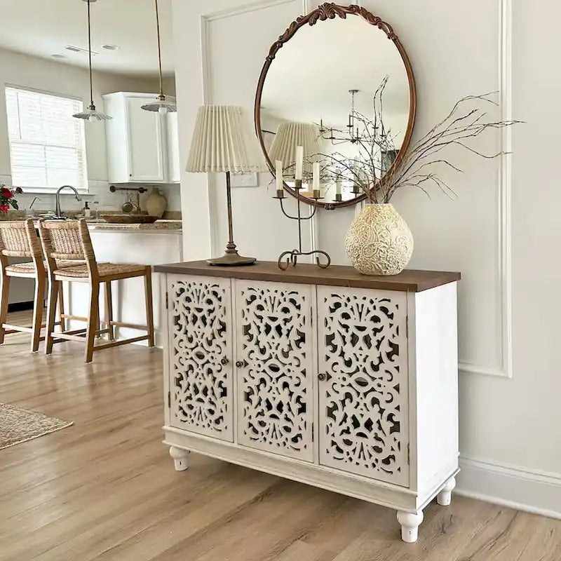 White/Blue Hollow-Carved 3-Door Storage Cabinet-13