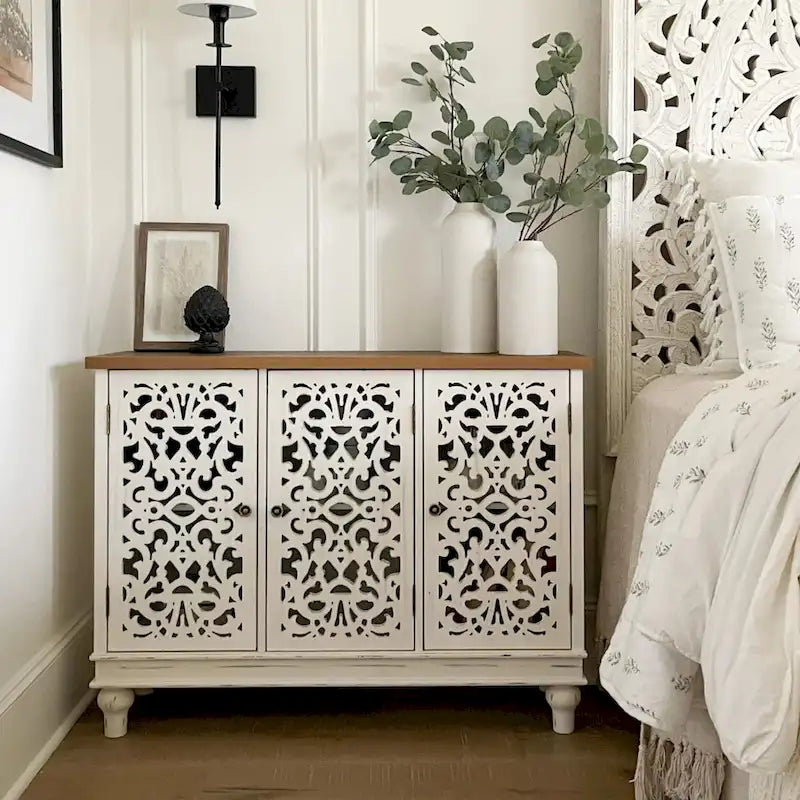 White/Blue Hollow-Carved 3-Door Storage Cabinet-14