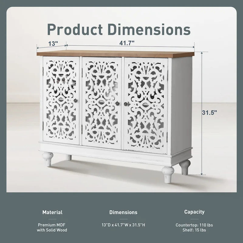 White/Blue Hollow-Carved 3-Door Storage Cabinet-16