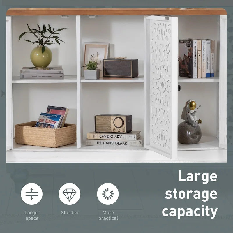 White/Blue Hollow-Carved 3-Door Storage Cabinet-17