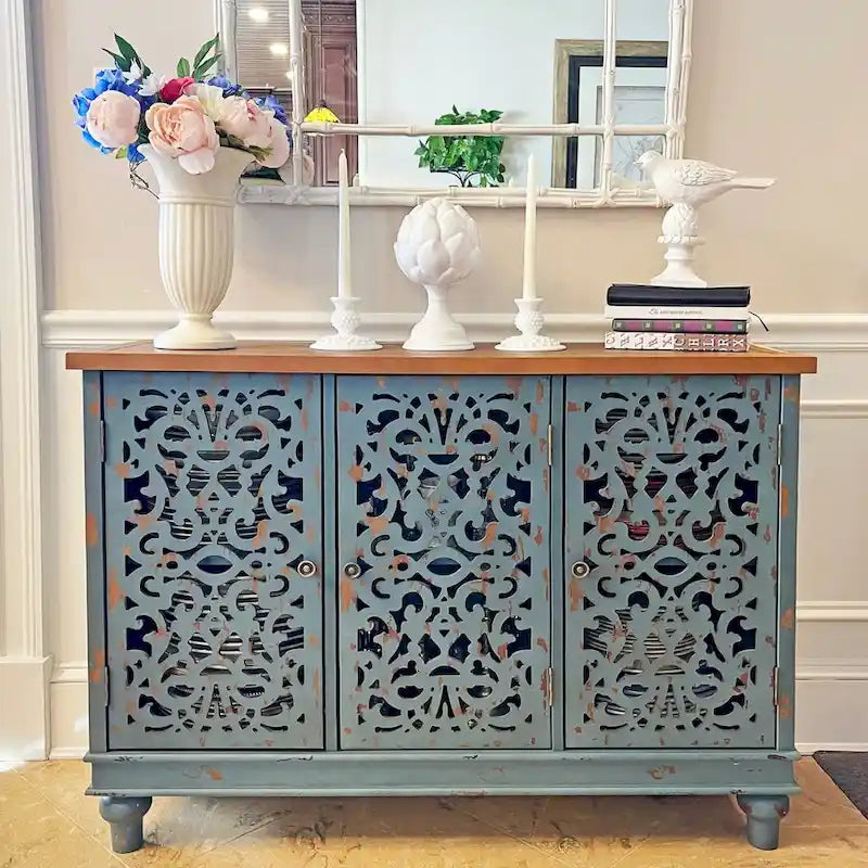 White/Blue Hollow-Carved 3-Door Storage Cabinet-21