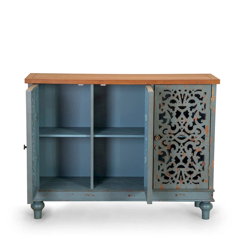 White/Blue Hollow-Carved 3-Door Storage Cabinet-22