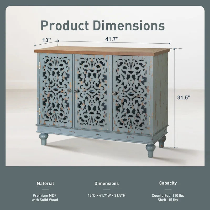 White/Blue Hollow-Carved 3-Door Storage Cabinet-23