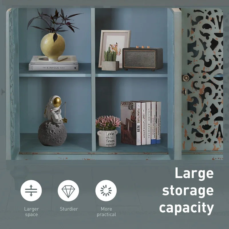 White/Blue Hollow-Carved 3-Door Storage Cabinet-25