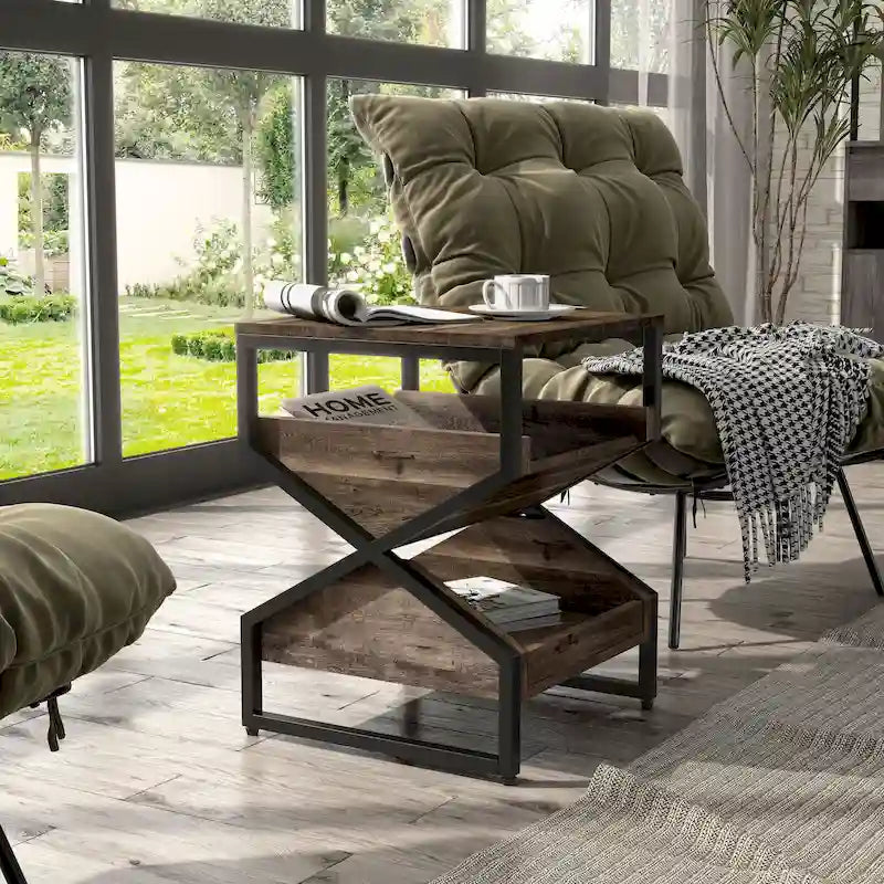 Gray Oak 17-inch Industrial Metal End Table with Open Shelf-11