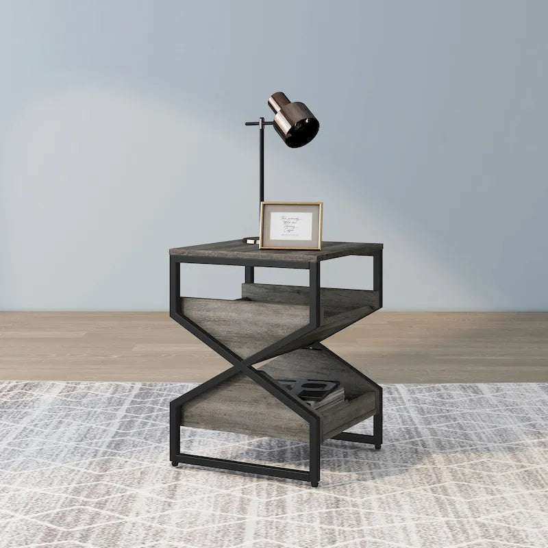 Gray Oak 17-inch Industrial Metal End Table with Open Shelf-12