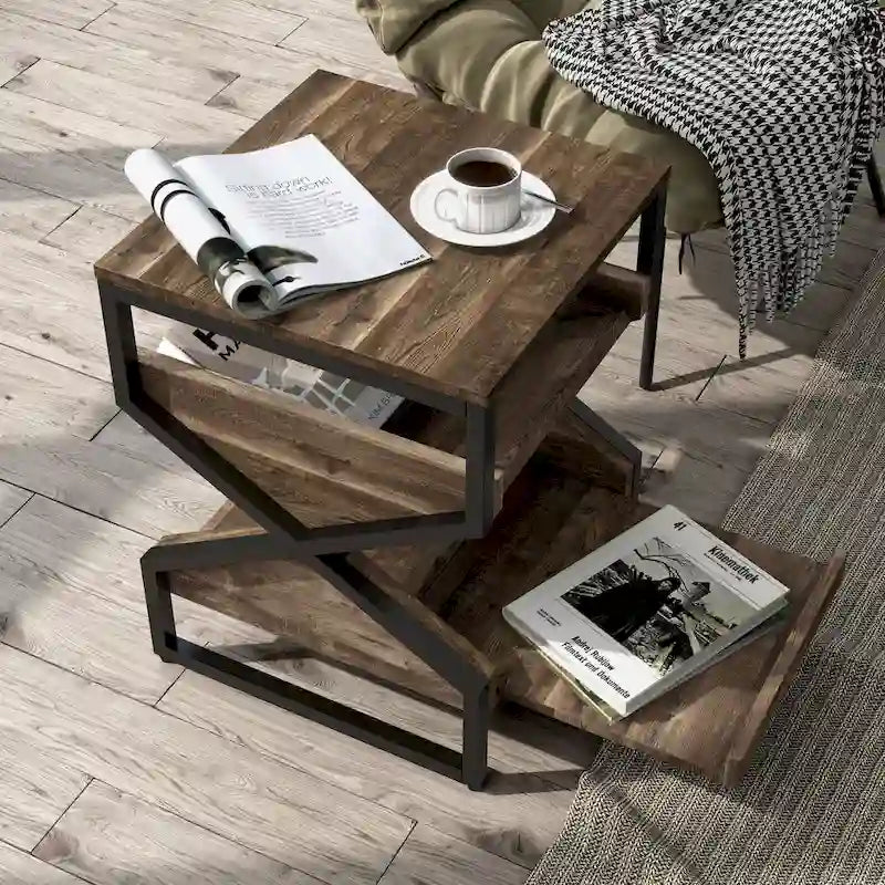 Gray Oak 17-inch Industrial Metal End Table with Open Shelf-2