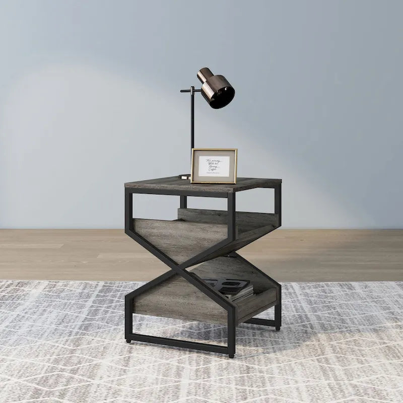 Gray Oak 17-inch Industrial Metal End Table with Open Shelf-3