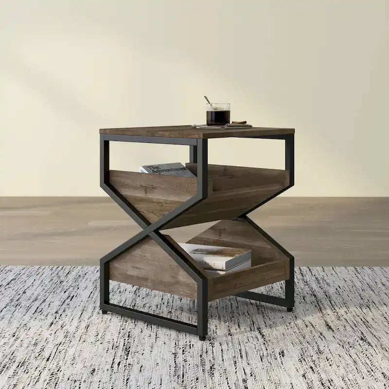 Gray Oak 17-inch Industrial Metal End Table with Open Shelf-4