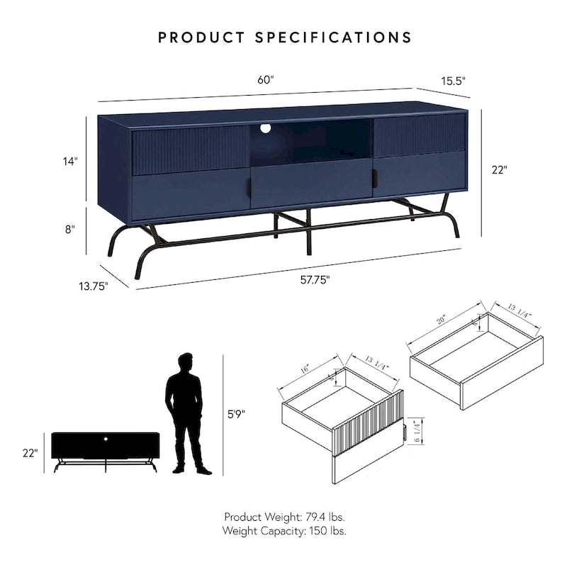 Modern 60-inch 3-Drawer TV Stand - White/Indigo/Sage Green/Grey-2