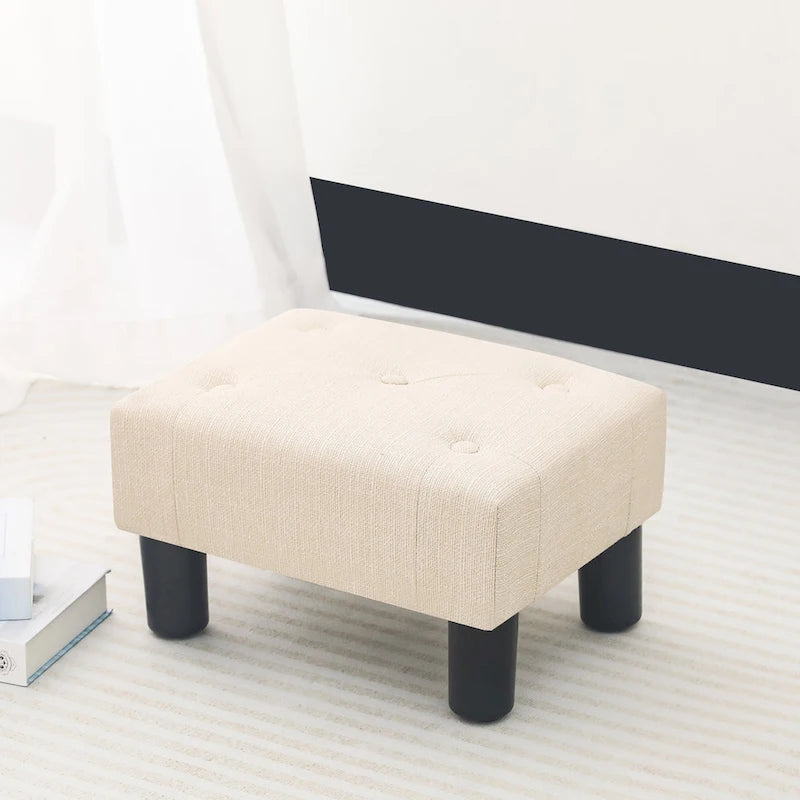 Adeco Button Tufted Linen Foot Stool Rectangular Small Ottoman