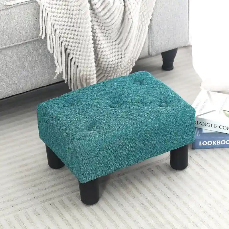 Adeco Button Tufted Linen Foot Stool Rectangular Small Ottoman-3