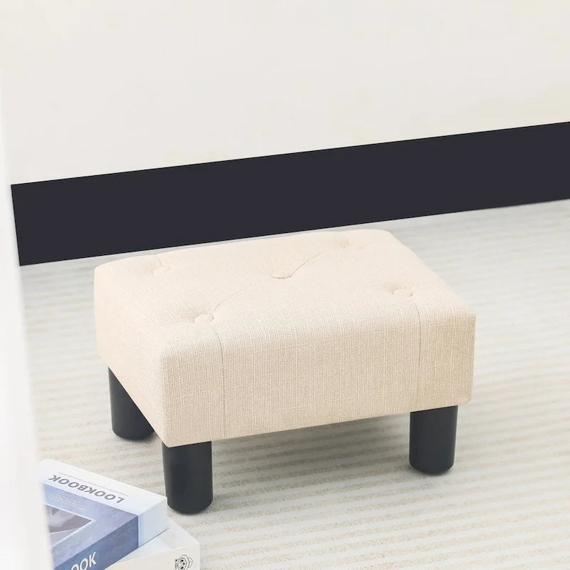 Adeco Button Tufted Linen Foot Stool Rectangular Small Ottoman-4