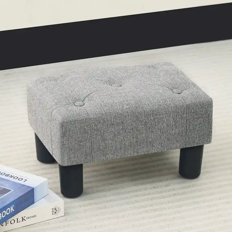 Adeco Button Tufted Linen Foot Stool Rectangular Small Ottoman-6