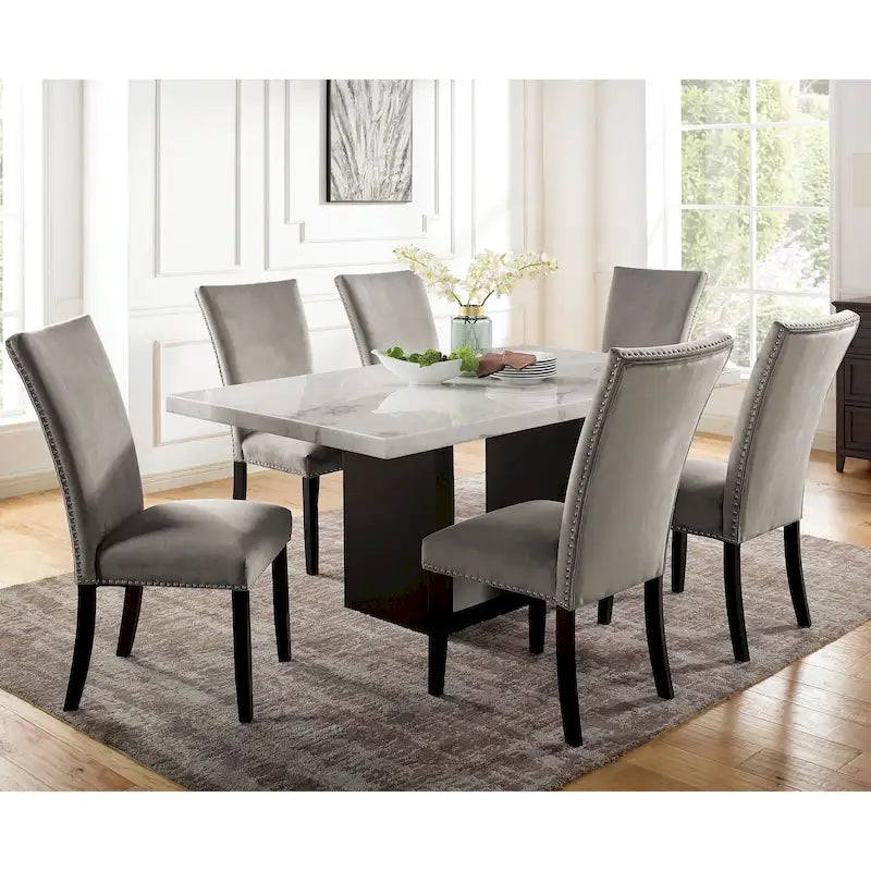 Light Grey 7-Piece Marble Top Dining Set for 6-11