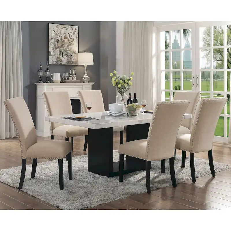 Light Grey 7-Piece Marble Top Dining Set for 6-12