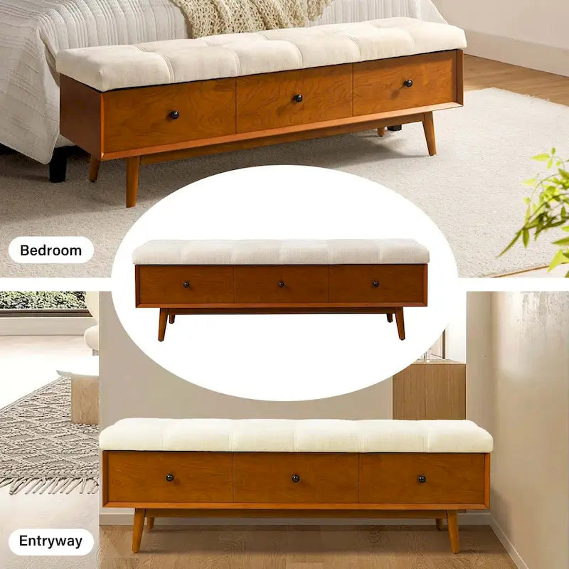 Walnut Tufted Storage Bench with 3 Drawers - Mid-Century Modern Entryway Seating-3