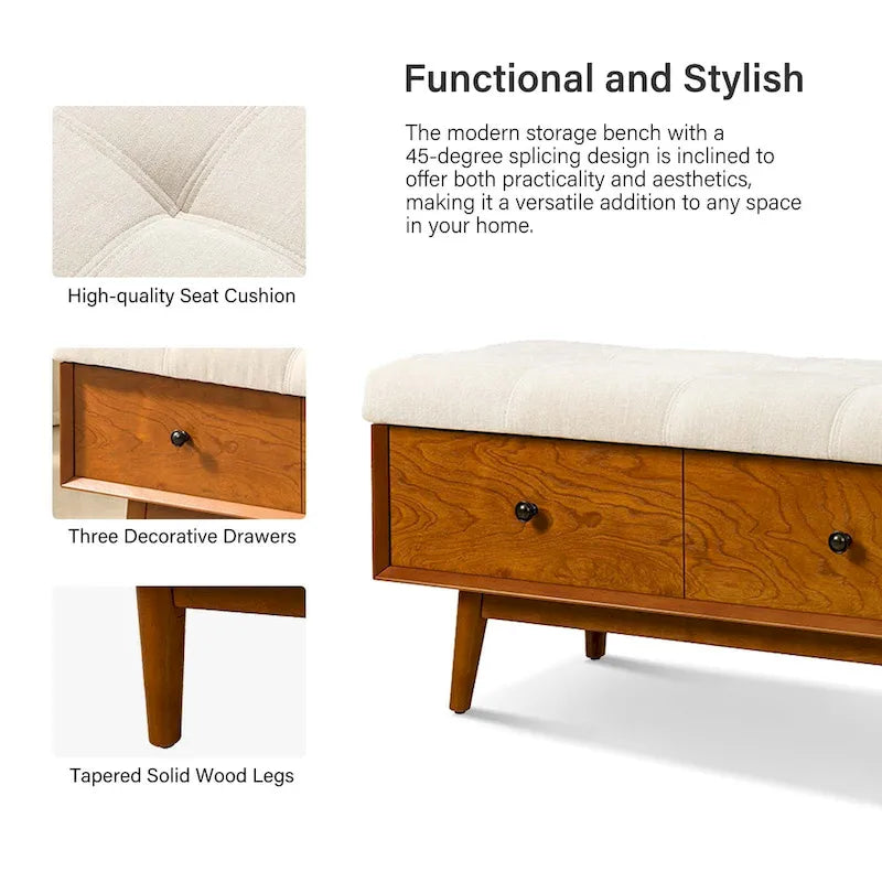Walnut Tufted Storage Bench with 3 Drawers - Mid-Century Modern Entryway Seating-4