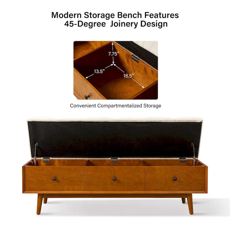 Walnut Tufted Storage Bench with 3 Drawers - Mid-Century Modern Entryway Seating-5