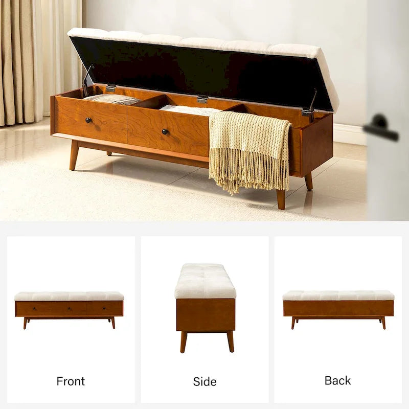 Walnut Tufted Storage Bench with 3 Drawers - Mid-Century Modern Entryway Seating-7