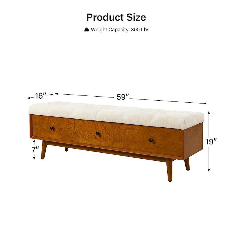 Walnut Tufted Storage Bench with 3 Drawers - Mid-Century Modern Entryway Seating-8