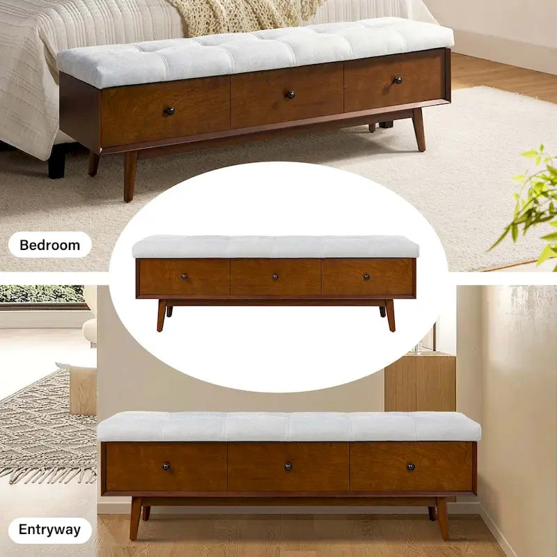 Walnut Tufted Storage Bench with 3 Drawers - Mid-Century Modern Entryway Seating-11