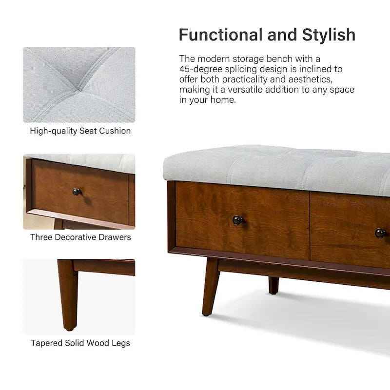 Walnut Tufted Storage Bench with 3 Drawers - Mid-Century Modern Entryway Seating-12
