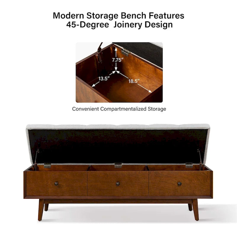 Walnut Tufted Storage Bench with 3 Drawers - Mid-Century Modern Entryway Seating-13