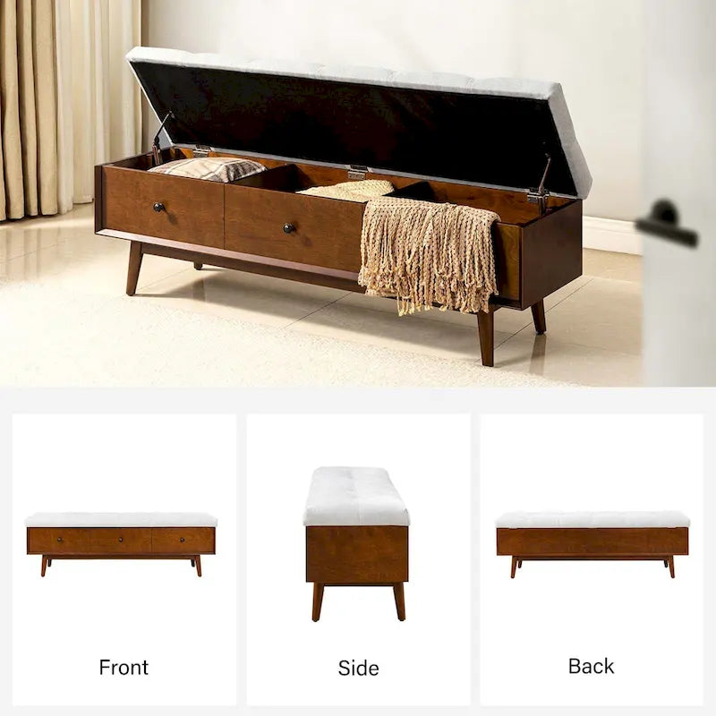 Walnut Tufted Storage Bench with 3 Drawers - Mid-Century Modern Entryway Seating-15