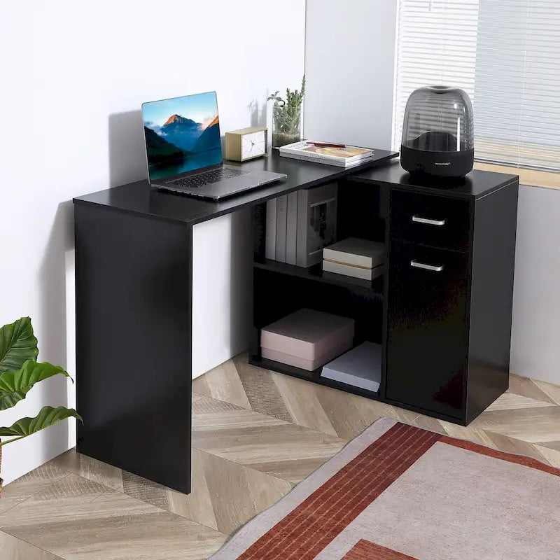 HOMCOM L Shaped Corner Computer Desk Workstation with Rotating Storage Shelves and Drawer for Home & Office-17
