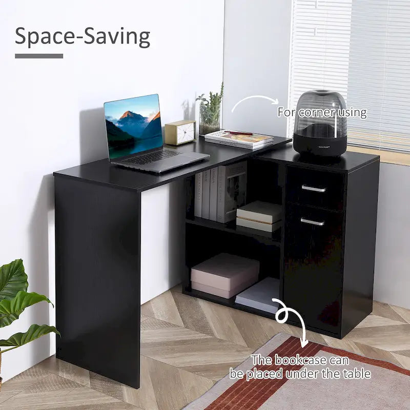HOMCOM L Shaped Corner Computer Desk Workstation with Rotating Storage Shelves and Drawer for Home & Office-5