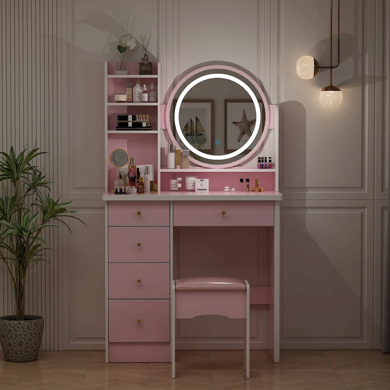 31.5 Wide Makeup Vanity Set with Stool, Mirror,3 Color Light - 31.5W-21