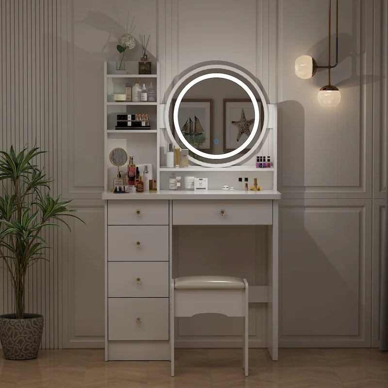 31.5 Wide Makeup Vanity Set with Stool, Mirror,3 Color Light - 31.5W-22