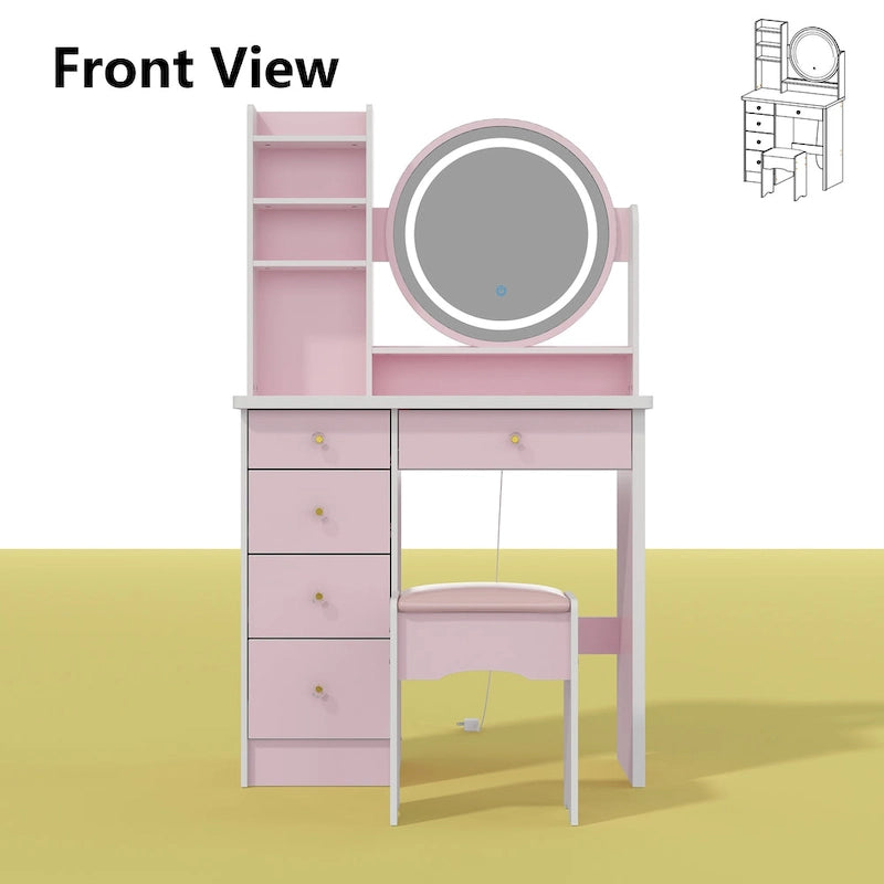 31.5 Wide Makeup Vanity Set with Stool, Mirror,3 Color Light - 31.5W
